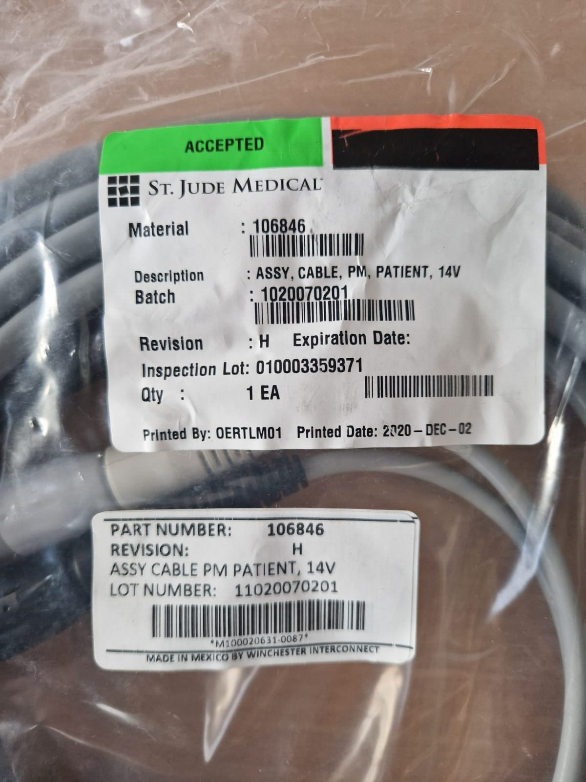 st jude medical assy patient cable 14V 1020070201 pn: 106846 - Image 4